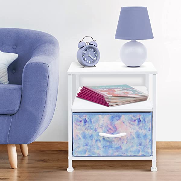 Sorbus Nightstand 1-Drawer Shelf Storage- Bedside Furniture & Accent End Table Chest for Home, Bedroom, Office, College Dorm, Steel Frame, Wood Top, Easy Pull Fabric Bins (Rustic Wood)