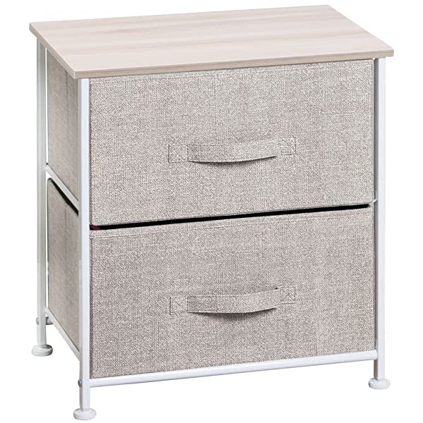 mDesign Storage Dresser End/Side Table Night Stand Furniture Unit - Small Standing Organizer for Bedroom, Office, Living Room, and Closet - 2 Drawer Removable Fabric Bins - Gray/White Grey