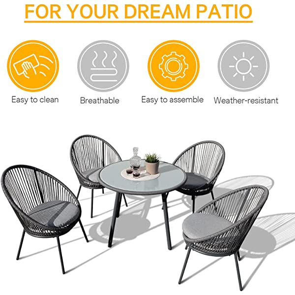 OC Orange-Casual 5 Pieces Patio Conversation Set, Outdoor Furniture Set, All-Weather Wicker Chairs with Round Glass Top Table and 4 Chairs, for Garden,Backyard, Indoor Outdoor Use, Yellow