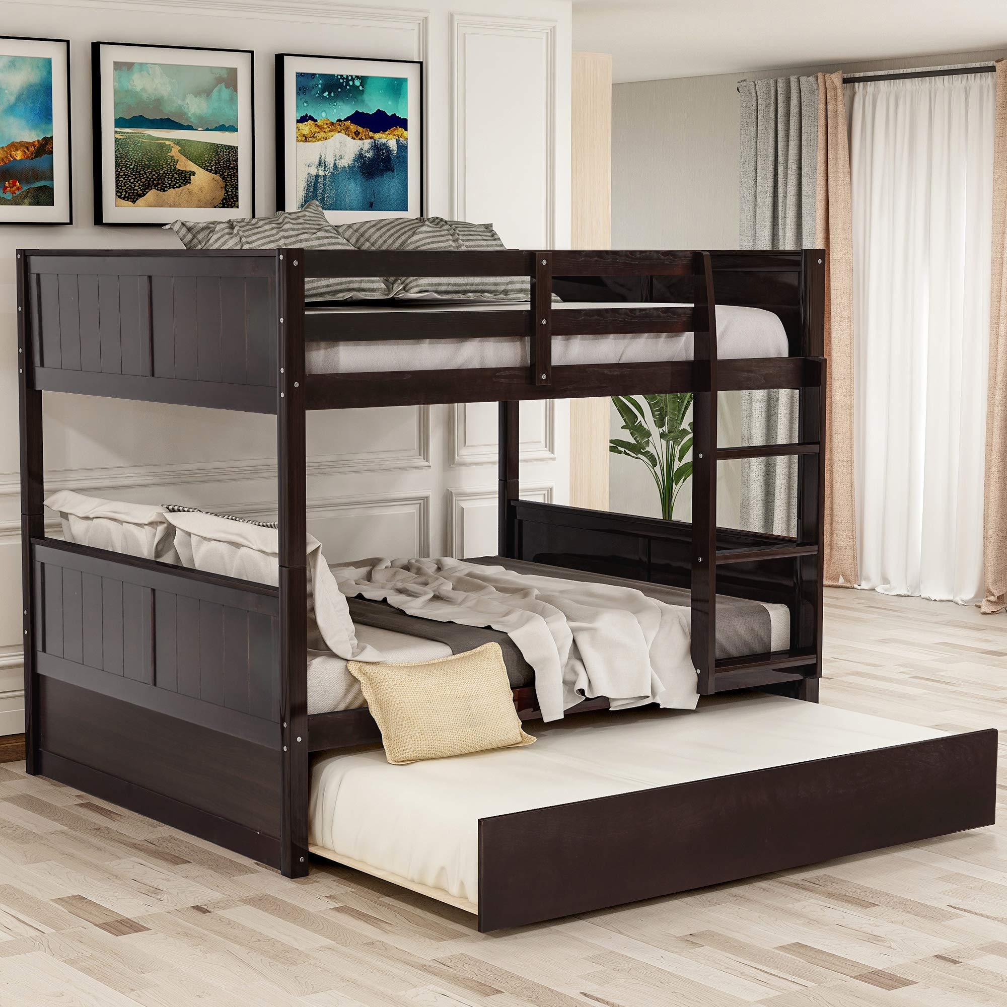 【Furniture】Full Over Full Bunk Bed for Kids Teens, Detachable Wood Full Bunk Bed Frame with Trundle