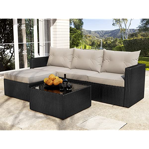 Allewie Dark Grey Patio Conversation Set, 3 Pieces PE Wicker Rattan Outdoor Furniture Set, Lounge Sofa and Loveseat with Cushions, Tempered Glass Coffee Table (Black & Dark Grey) Dark Grey & Black