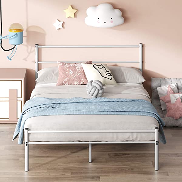Zinus Geraldine 12 inch White Metal Platform Bed Frame with Headboard and Footboard / Premium Steel Slat Support / Mattress Foundation, Full White Full Bed Frame
