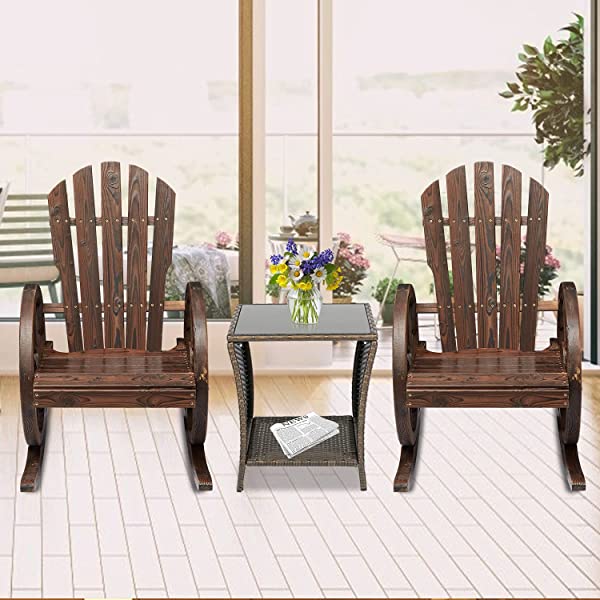 Kinsunny Rustic Wood Wagon Rocking Chair Outdoor Patio Lounge Rocker Set with Wheel Armrest for Garden, Country, Yard 1pc