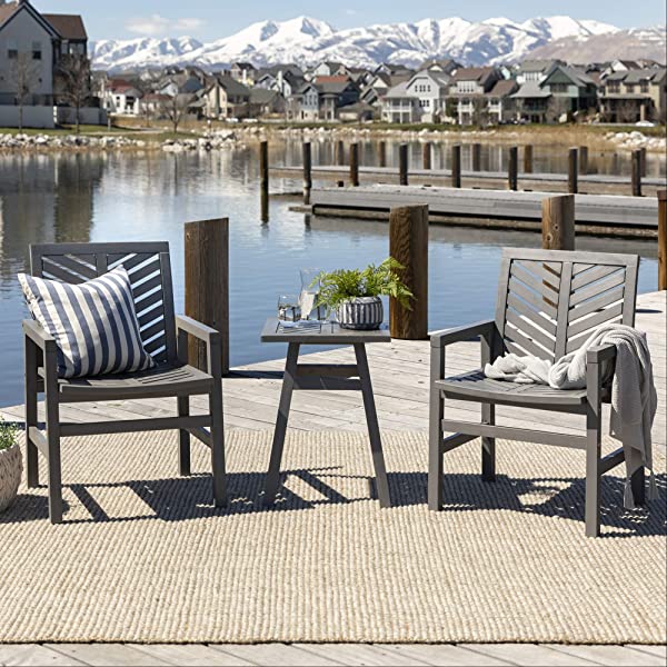 Walker Edison 5 Person Outdoor Wood Chevron Patio Furniture Dining Set Table Chairs Bench All Weather Backyard Conversation Garden Poolside Balcony, 4 Piece, Brown Brown 4 Piece Dining Set
