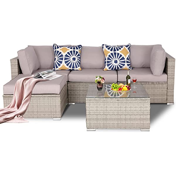 Do4U 5 Pieces Outdoor Patio Furniture Set PE Rattan Patio Set Porch Furniture Cushioned Patio Chairs Set Patio Conversation Set for Garden Balcony Porch Poolside Lawn (Blue)