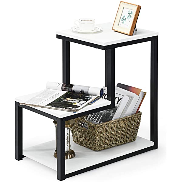 Tangkula 3-Tier Sofa Side Table, Nightstand with Storage Shelf, Sturdy Metal Frame, Ladder-Shaped Chair Side Table, White Tabletop Storage Shelf for Living Room or Bedroom (White)