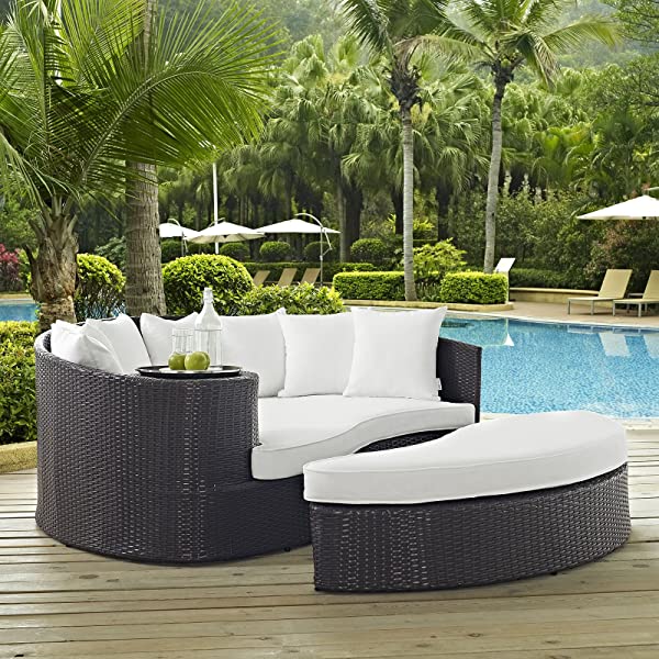 Modway Convene Wicker Rattan Outdoor Patio Poolside Sectional Sofa Daybed with Cushions in Espresso Turquoise