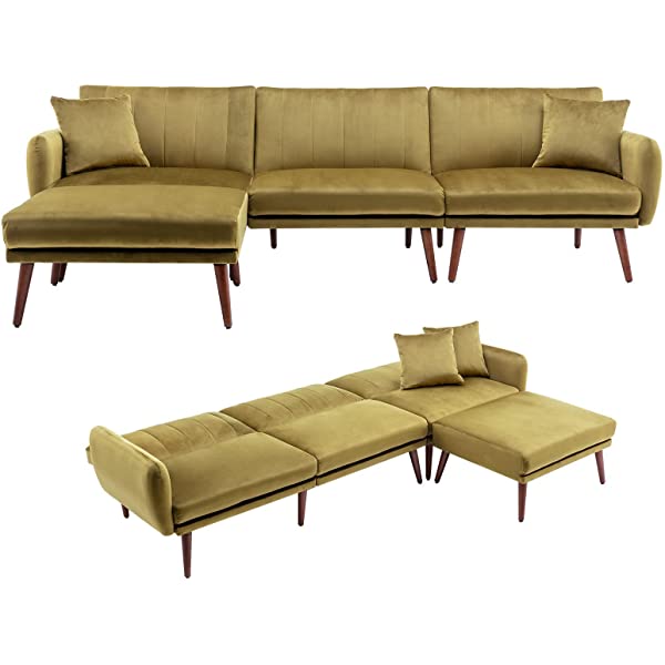 JOMEED Convertible Sectional Sofa Bed with Adjustable Backrest Modern Velvet Fabric L-Shaped Couch with Extra 2 Pillows Wide Chaise Lounge for Living Room (Orange)