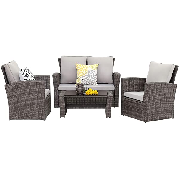 Wisteria Lane 4 Piece Outdoor Patio Furniture Sets, Wicker Conversation Set for Porch Deck, Gray Rattan Sofa Chair with Cushion Grey