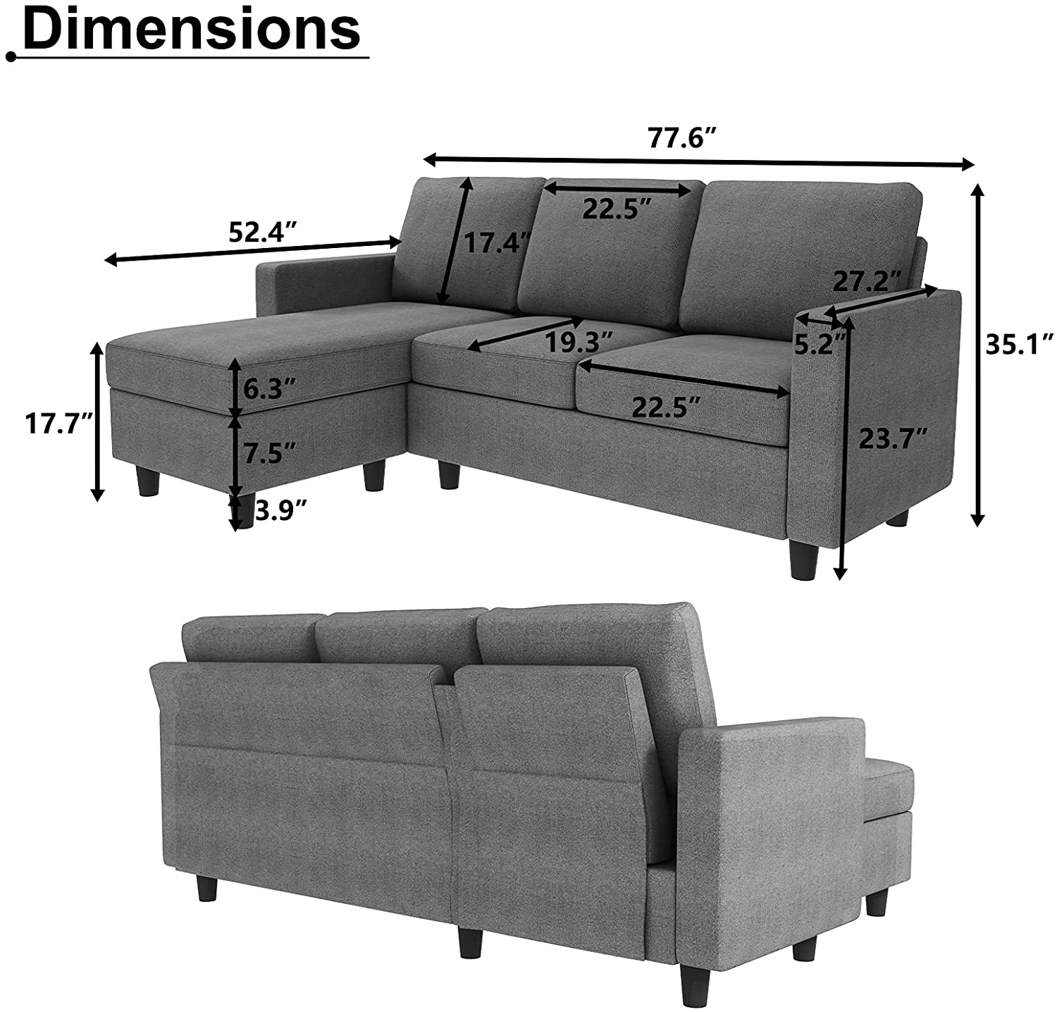 Nolany L-Shaped Corner Sofa 3 Seater Sectional Couch with Reversible Chaise Sofa for Living Room(Grey)
