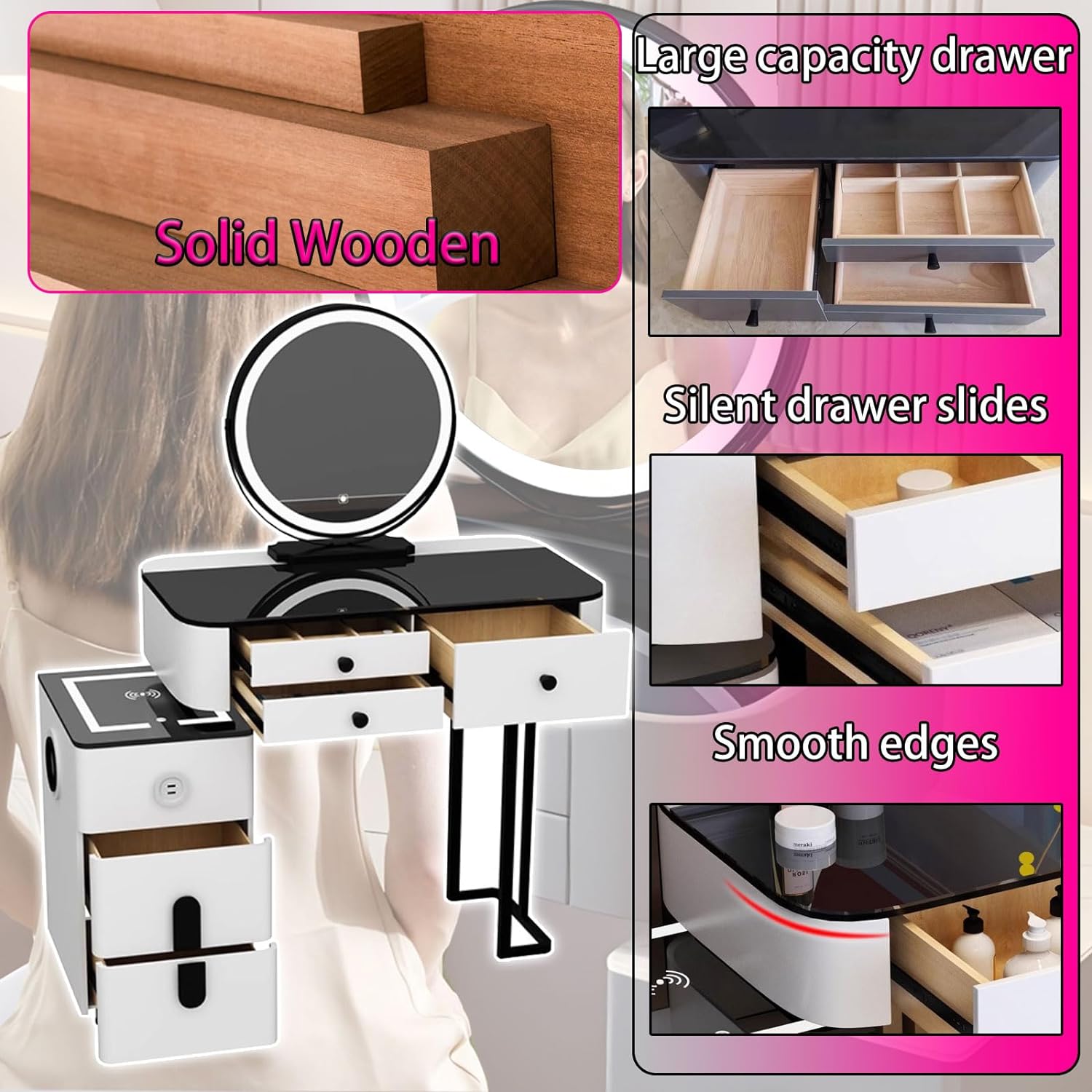 GOOCOO Dressing Table - Makeup Vanity Desk with Wireless Charging Station and Bluetooth Speaker - Vanity Set Contains Makeup Mirror, 5 Drawers and Makeup Stool for Bedroom
