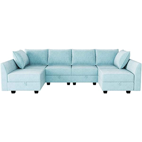 HONBAY Convertible Sectional Sofa U Shaped Couch with Reversible Chaise Modular Oversized Couch Sectional Sofa with Ottomans, Aqua Blue U Shape Sofa-1 Blue