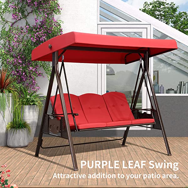 PURPLE LEAF 3-Seat Deluxe Outdoor Patio Porch Swing with Weather Resistant Steel Frame, Adjustable Tilt Canopy, Cushions and Pillow Included, Beige 74.4