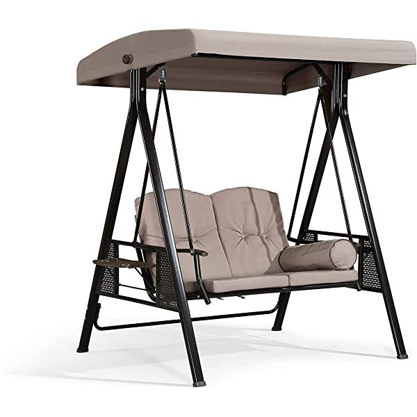 PURPLE LEAF 3-Seat Deluxe Outdoor Patio Porch Swing with Weather Resistant Steel Frame, Adjustable Tilt Canopy, Cushions and Pillow Included, Beige 74.4