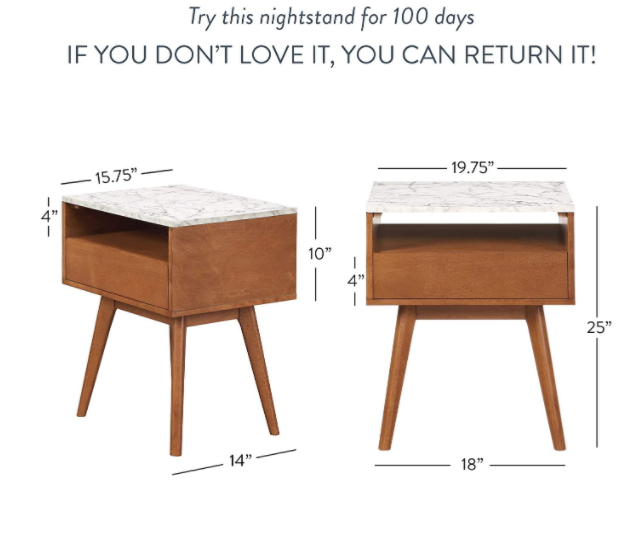 Nathan James James Mid-Century Rectangle Accent Side or End Table Walnut Finish Wood and Faux Marble Top with Storage Nightstand, Frame, White/Brown