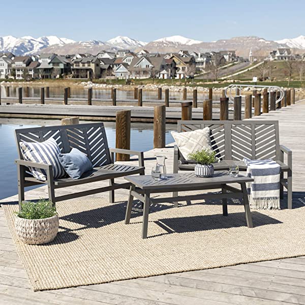 Walker Edison 5 Person Outdoor Wood Chevron Patio Furniture Dining Set Table Chairs Bench All Weather Backyard Conversation Garden Poolside Balcony, 4 Piece, Brown Brown 4 Piece Dining Set