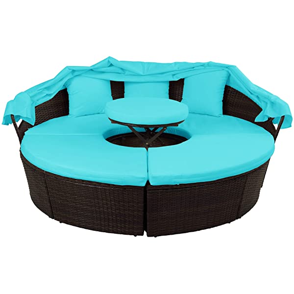 Merax All-Weather Outdoor Sectional Sofa Conversation Set Rattan Daybed Sunbed with Retractable Canopy, Separate Seating and Removable Blue Cushions Brown+blue