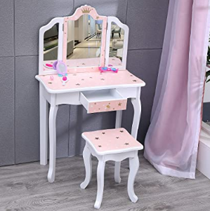 Nromant Kids Vanity Table and Chair Set, Girls Vanity Set with Mirror and Stool, Tri-Folding Mirror, Makeup Dressing Princess Table with Drawer, Kids Vanity Set with Mirror Age 4-9