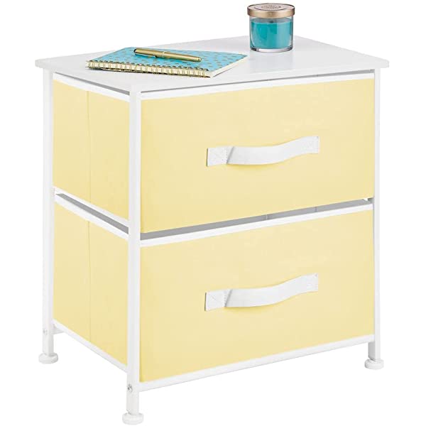 mDesign Storage Dresser End/Side Table Night Stand Furniture Unit - Small Standing Organizer for Bedroom, Office, Living Room, and Closet - 2 Drawer Removable Fabric Bins - Gray/White Grey