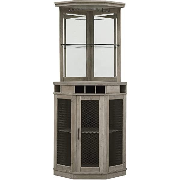 Home Source Stone Grey Corner Bar Unit with Built-in Wine Rack and Lower Cabinet