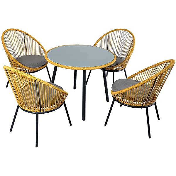 OC Orange-Casual 5 Pieces Patio Conversation Set, Outdoor Furniture Set, All-Weather Wicker Chairs with Round Glass Top Table and 4 Chairs, for Garden,Backyard, Indoor Outdoor Use, Yellow