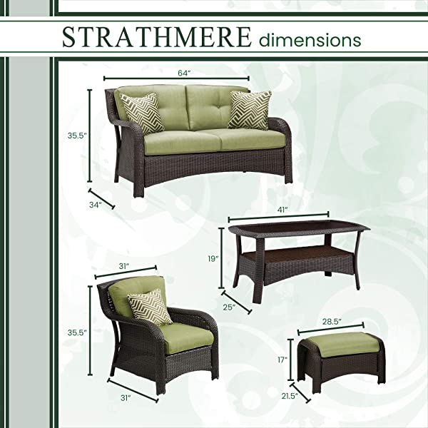 Hanover Strathmere 6-Piece Outdoor Patio Conversation Set, 2 Side Chairs with Ottomans, Loveseat and Tempered Glass Coffee Table, with Hand-Woven Wicker and Thick Cilantro Green Cushions, STRATHMERE6PC