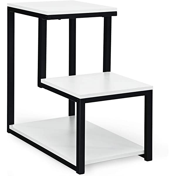 Tangkula 3-Tier Sofa Side Table, Nightstand with Storage Shelf, Sturdy Metal Frame, Ladder-Shaped Chair Side Table, White Tabletop Storage Shelf for Living Room or Bedroom (White)