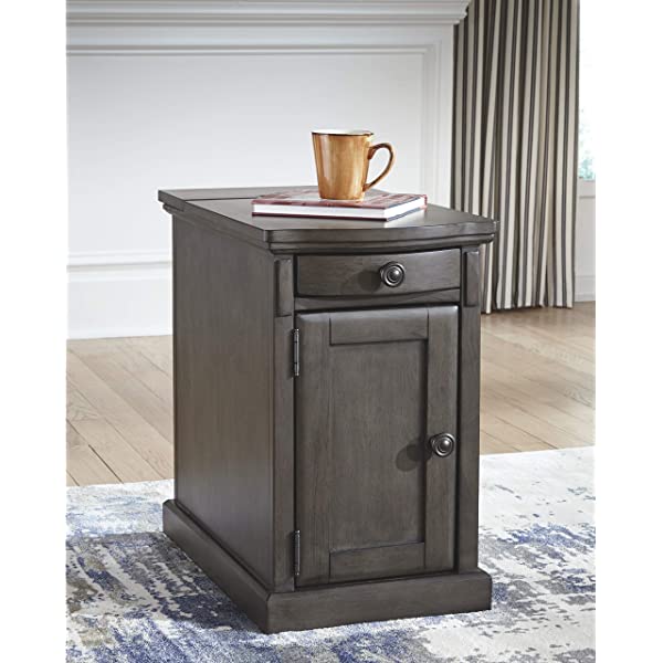 Signature Design by Ashley Tyler Creek Rustic Chair Side End Table with Pull-Out Tray & USB Ports, Brown Blackish Brown Table