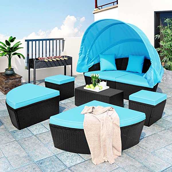 Merax All-Weather Outdoor Sectional Sofa Conversation Set Rattan Daybed Sunbed with Retractable Canopy, Separate Seating and Removable Blue Cushions Brown+blue