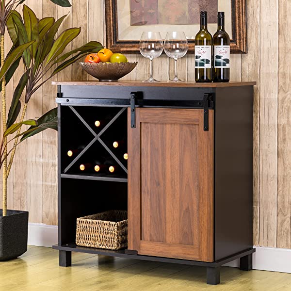 Glitzhome Wood Rustic Wine Cabinet 2-Sections Bar Cabinet with Wine Storage 31.5”L Sideboard Table with Drawers Wood Sideboard with Wine Display for Kitchen Dining Room 2 piece