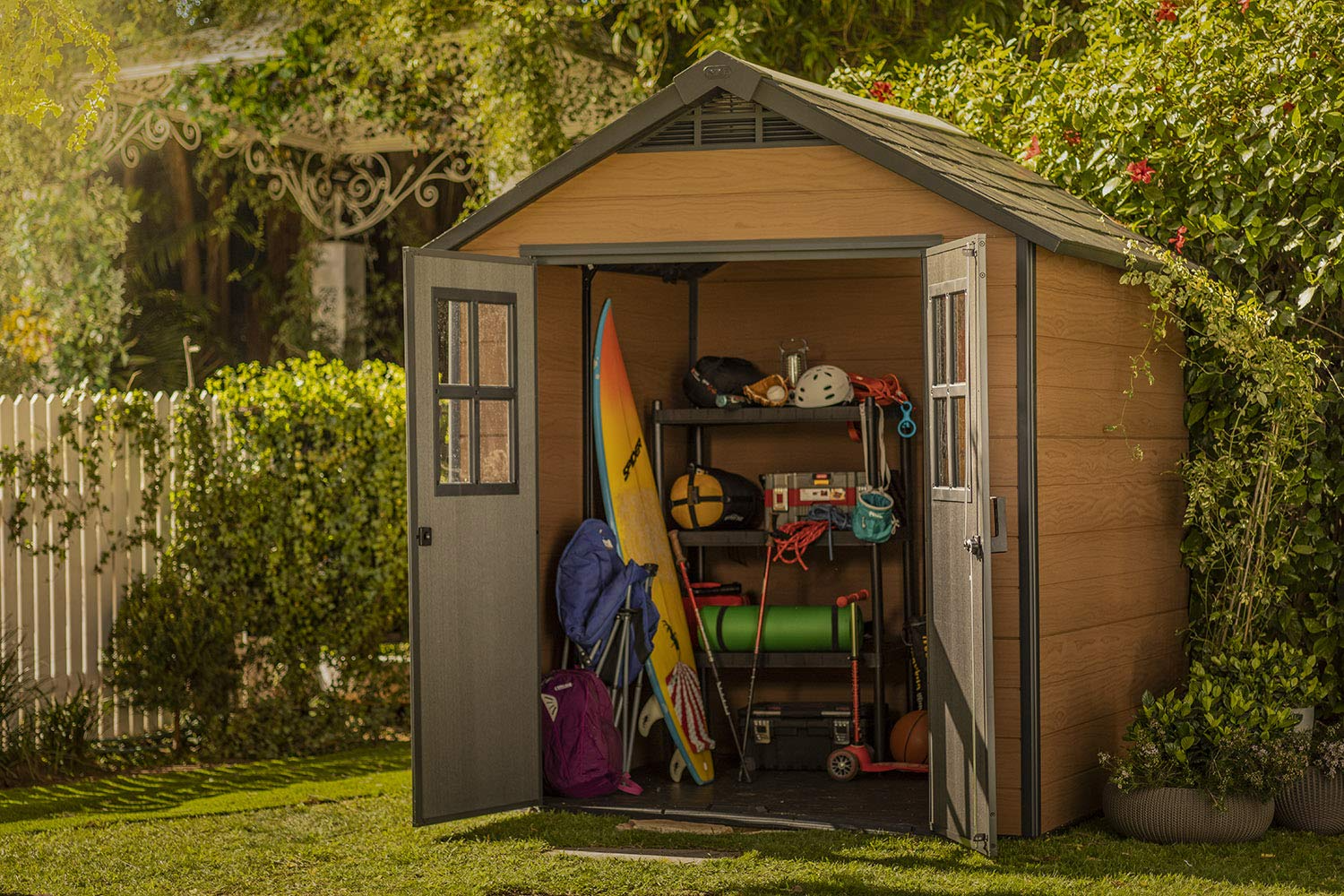 【Storage Shed】7.5×7 Large Resin Outdoor Storage Shed Kit – Perfect to Store Patio Furniture, Garden Tools