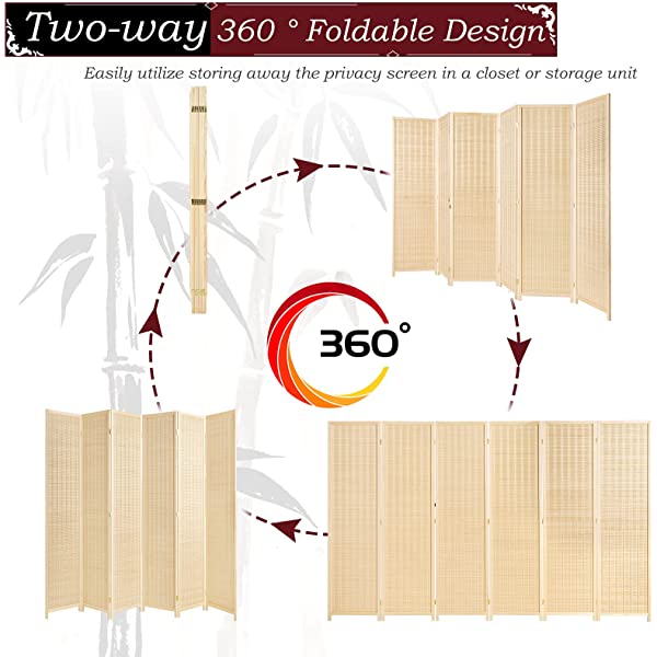 oneinmil Bamboo Room Divider, Semi-Private Folding Portable Partition Screen with Two-Way Hinge, Handmade Bamboo and Wood, 6 Panel