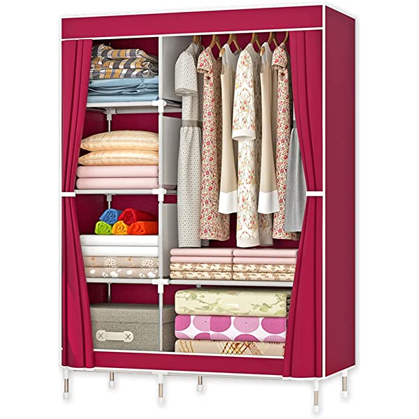 QUMENEY Wardrobe Storage Closet, Portable Clothes Standing Shelves Organizer, Extra Strong and Durable Non-Woven Fabric Rack with Hanging Rods, Quick and Easy to Assemble (Pink Dots)