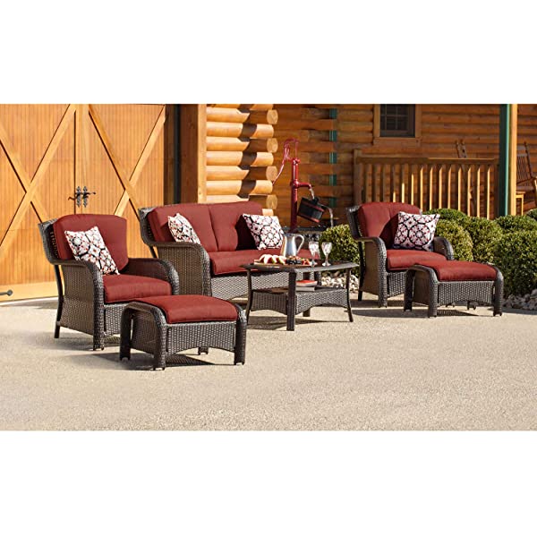 Hanover Strathmere 6-Piece Outdoor Patio Conversation Set, 2 Side Chairs with Ottomans, Loveseat and Tempered Glass Coffee Table, with Hand-Woven Wicker and Thick Cilantro Green Cushions, STRATHMERE6PC