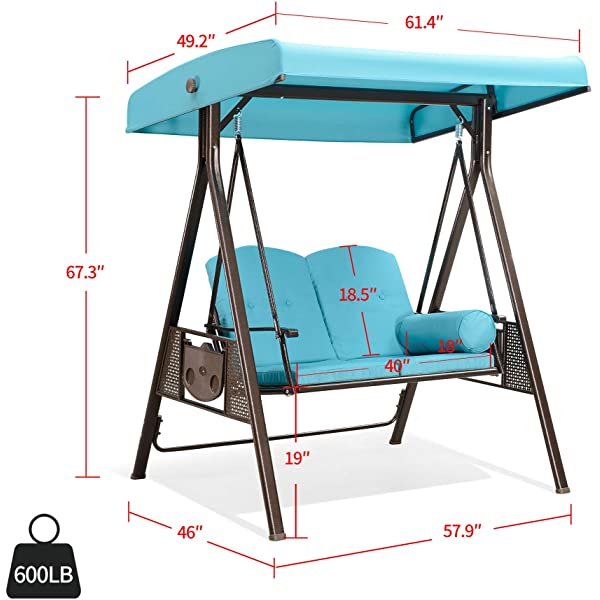 PURPLE LEAF 3-Seat Deluxe Outdoor Patio Porch Swing with Weather Resistant Steel Frame, Adjustable Tilt Canopy, Cushions and Pillow Included, Beige 74.4