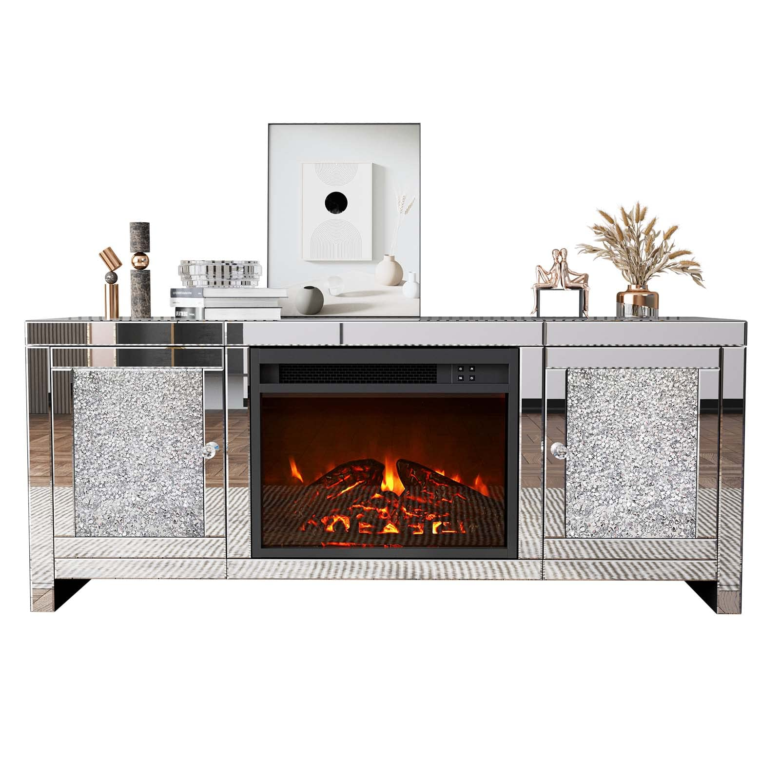 【Furniture】Mirrored Fireplace TV Stand, Mirrored Media Entertainment Center for TV up to 55 inch