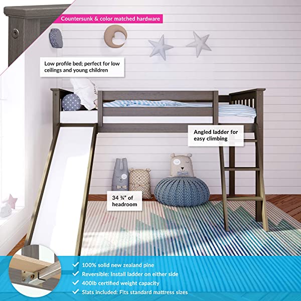 Max & Lily Twin Low Loft Bed with Staircase, White White Low Loft + Staircase Bed