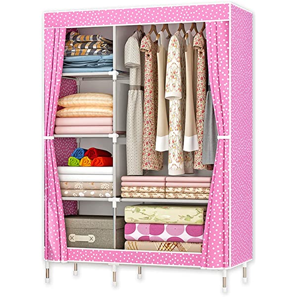 QUMENEY Wardrobe Storage Closet, Portable Clothes Standing Shelves Organizer, Extra Strong and Durable Non-Woven Fabric Rack with Hanging Rods, Quick and Easy to Assemble (Pink Dots)