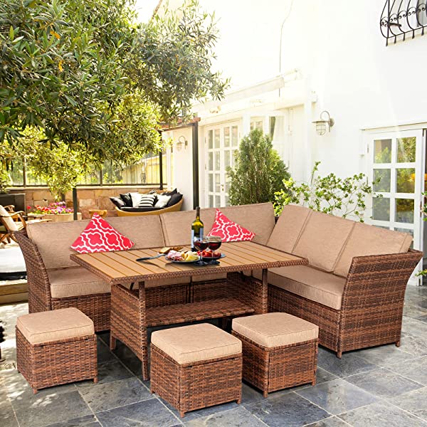 Aoxun 7 Pieces Outdoor Furniture Set, Sectional Sofa Conversation Set with Cushions and Pillows, All Weather Wicker Rattan Suitable for Deck or Yard(Brown) 7 Pieces - Brown