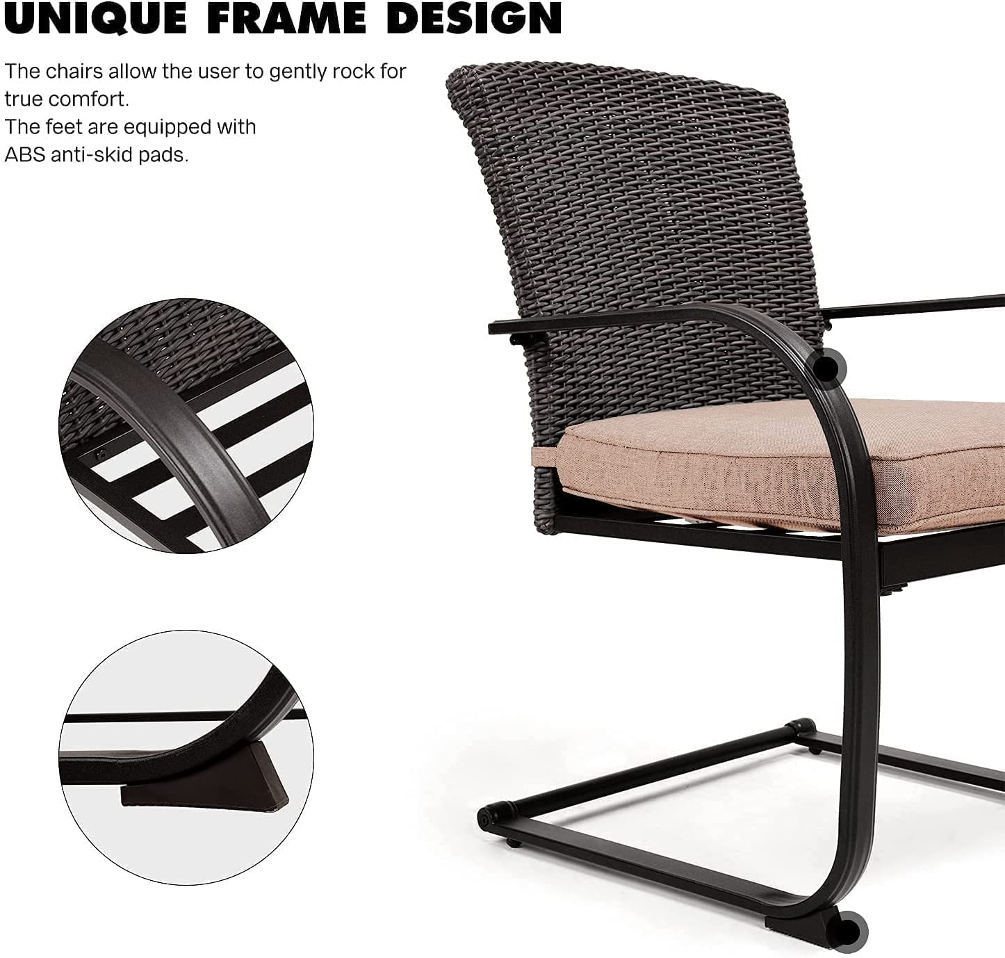 【Furniture】Outdoor 7 Pcs Dining Table Set, Modern Woodgrain-Look Metal Table & Wicker Chairs for 6