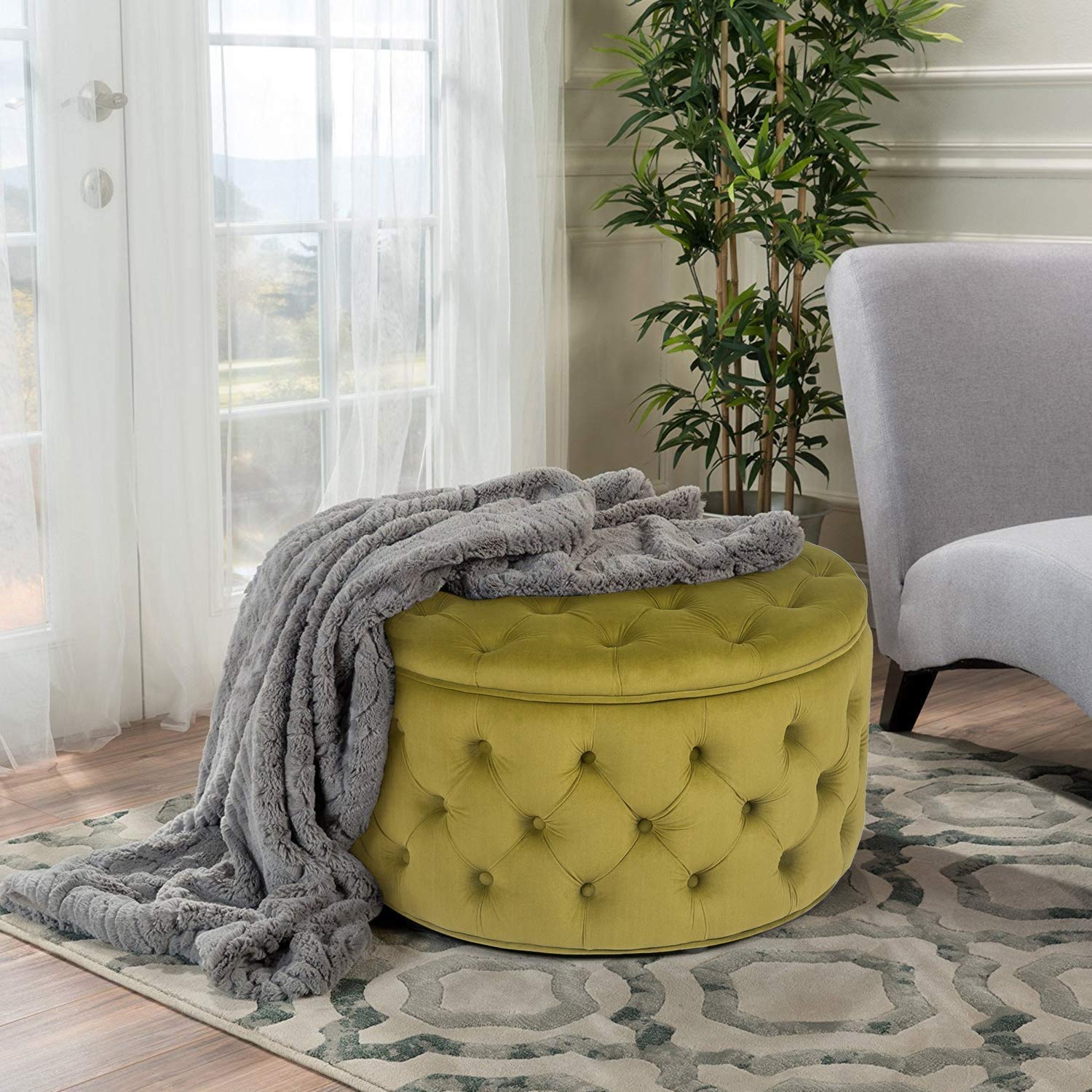 【Furniture】Homebeez Round Velvet Storage Ottoman, Button Tufted Footrest Stool Coffee Table