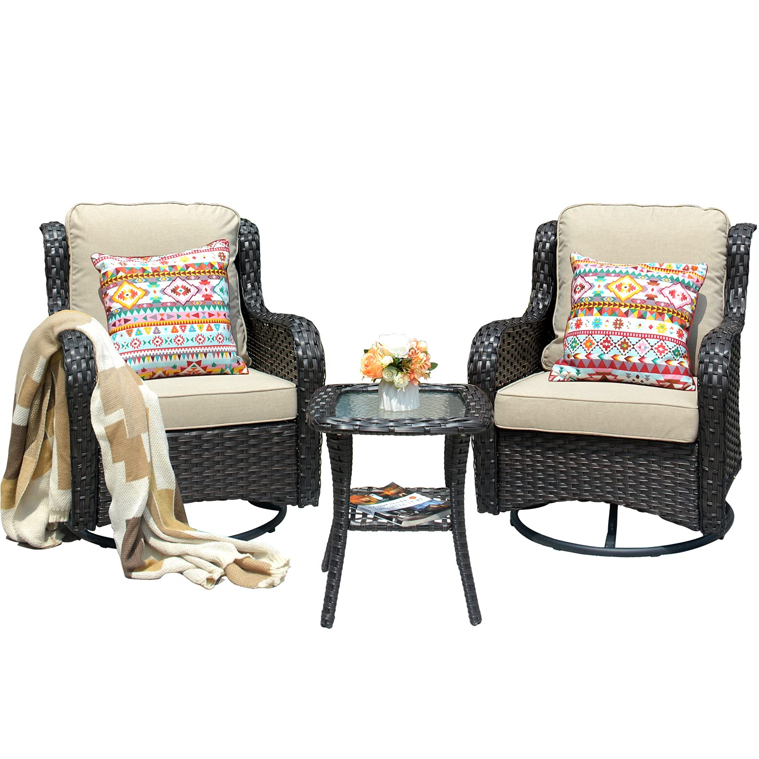 【Furniture】Patio Chair Outdoor Wicker Swivel Rocker Patio Chairs Set of 2 & Matching Side Table