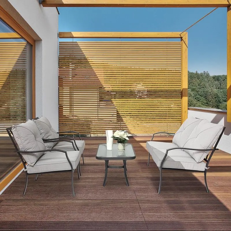 【Home&Garden】Outsunny 4 Pcs Metal Frame Garden Chatting Set w Sofa 2 Chairs Glass Top Table Foam Cushions