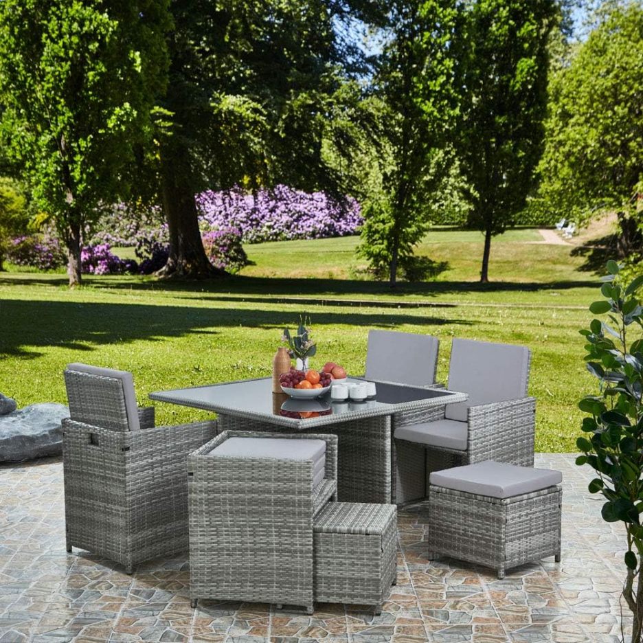 RayGar Deluxe 9 Piece 8 Seater Rattan Cube Dining Table Garden Furniture Patio Set (Grey/Black)