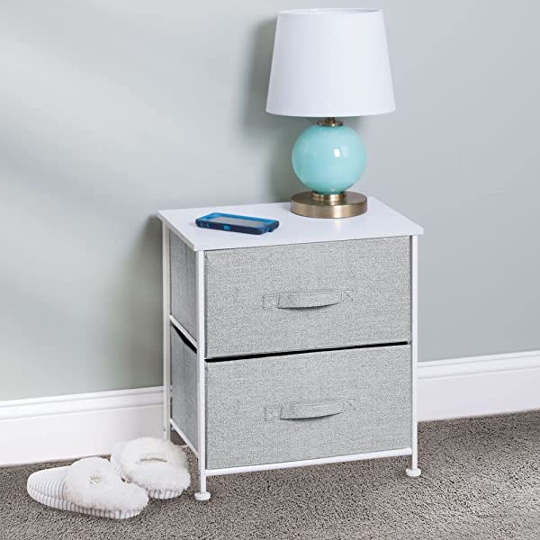 mDesign Storage Dresser End/Side Table Night Stand Furniture Unit - Small Standing Organizer for Bedroom, Office, Living Room, and Closet - 2 Drawer Removable Fabric Bins - Gray/White Grey