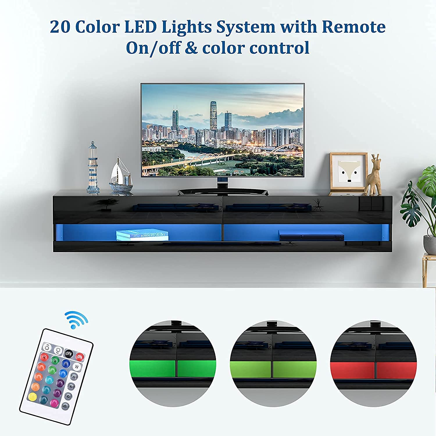 【Furniture】Floating TV Stand for TVs Up to 85 inch, 70 inch Wall Mounted Haning TV Stand with LED Lights