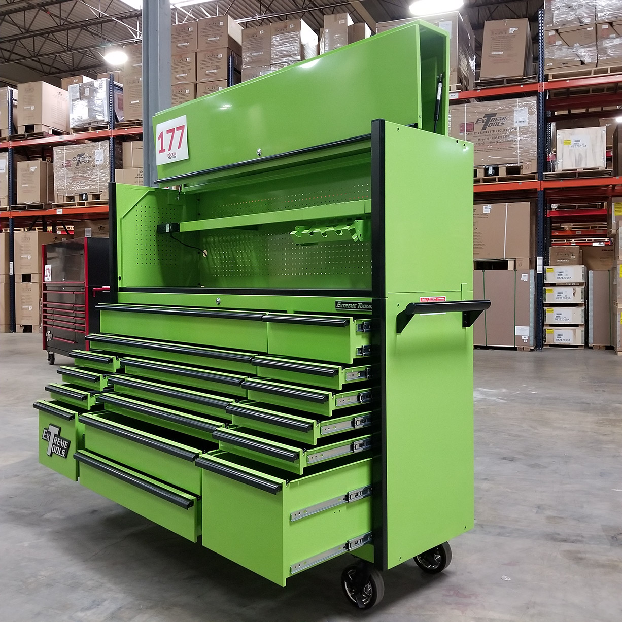 used toolboxScratch & Dent, Extreme Tools DX Series 72 x 21 Triple Bank Roller & Hutch Combo in Green-Black C Showroom Demo
