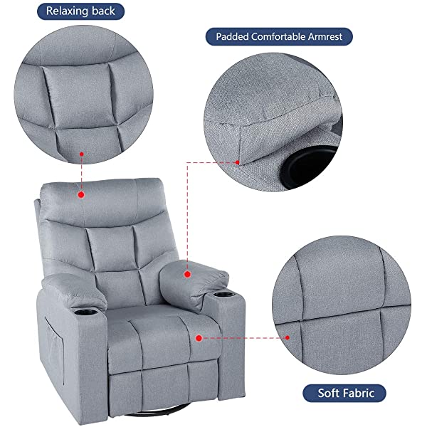 Esright Grey Fabric Massage Recliner Chair 360 Degrees Swivel Heated Ergonomic Lounge Chair