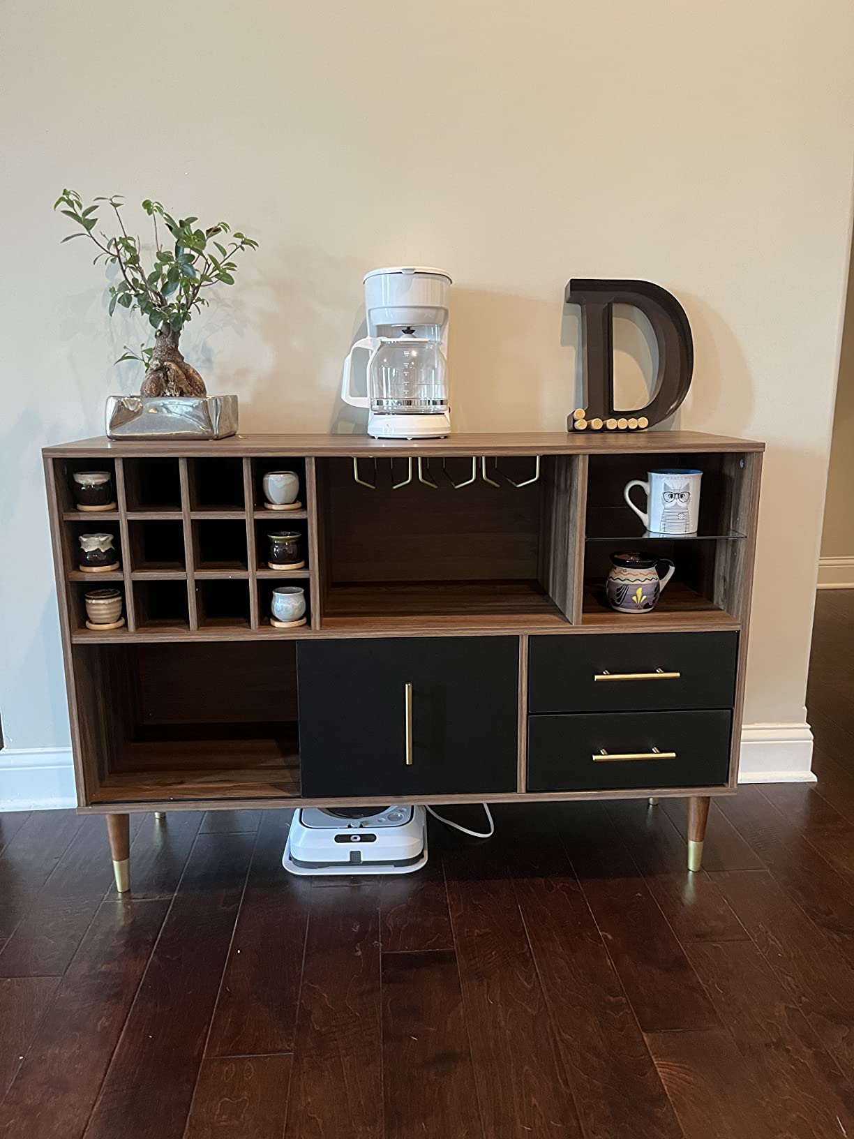 【Furniture】Accent Kitchen Buffet Sideboard with Storage, Wood Cabinet Server Cupboard with 12 Wine Bottle Rack