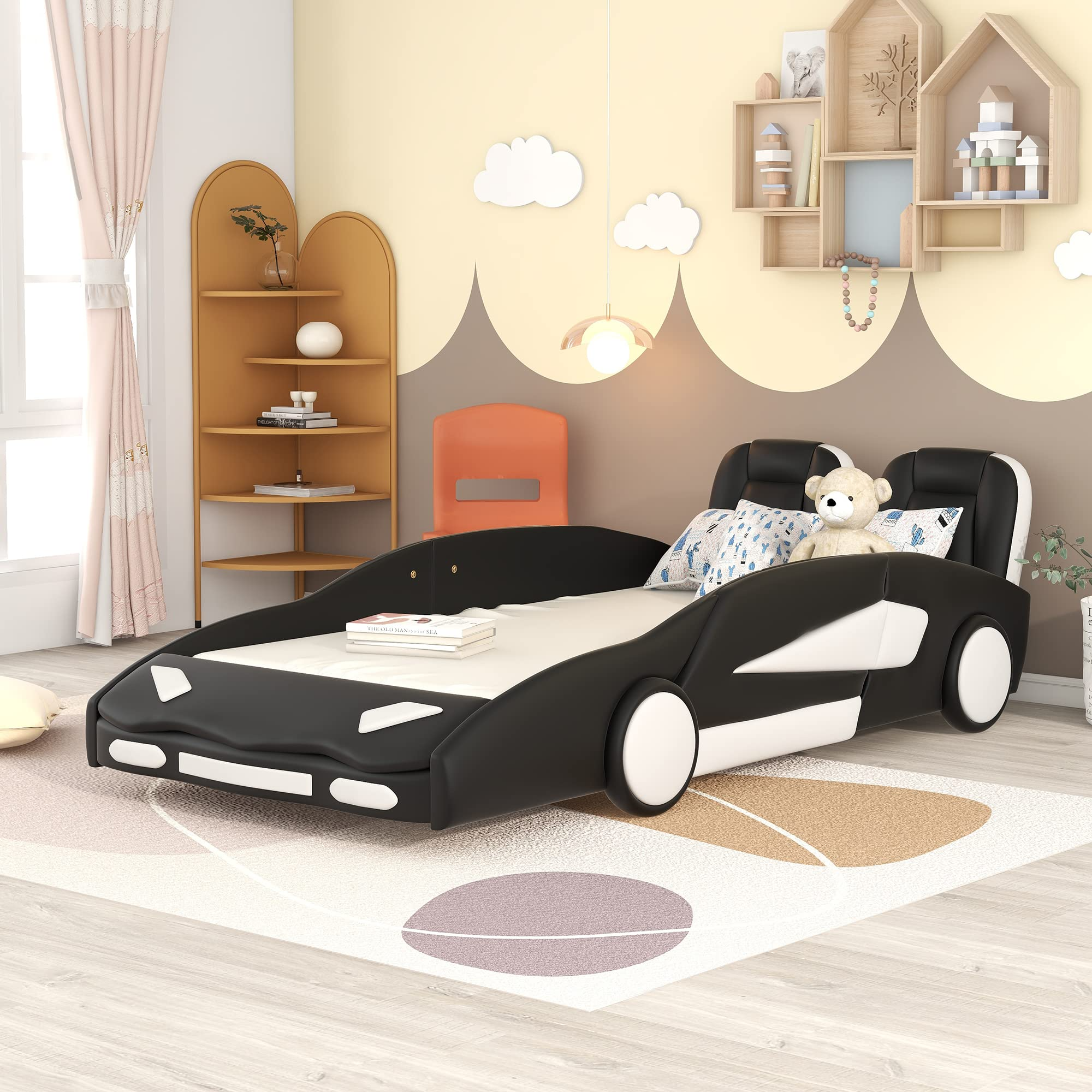 【Furniture】Twin Size Kids Platform Bed, Race Car-Shaped Bed with Wheels Design, Faux Leather Upholstered Bed Frame